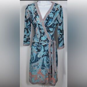 BCBG MAXAZRIA Tahiti Blue Paisley 3/4 Sleeve Adele Wrap Dress